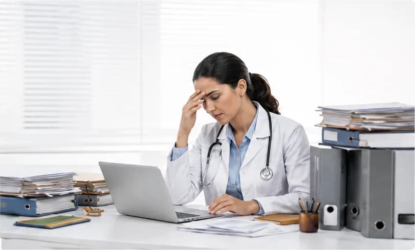 Doctor overwhelmed by manual paperwork at their desk
